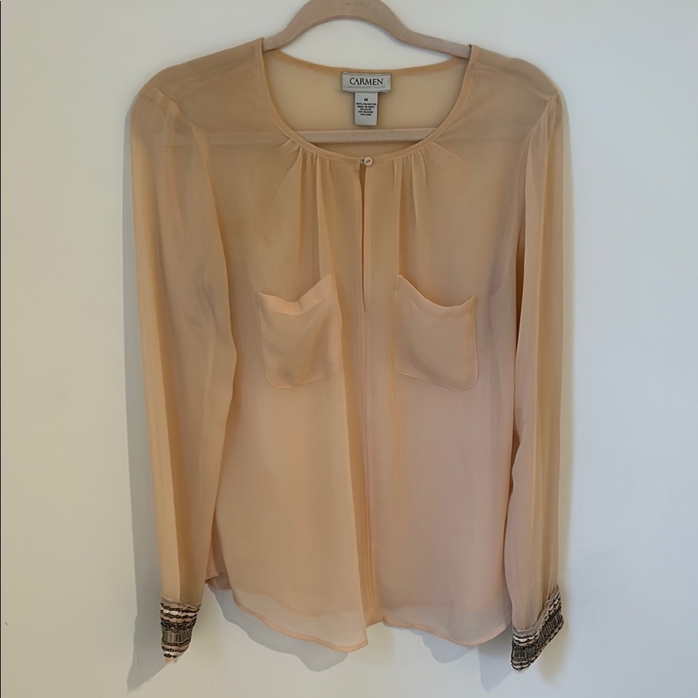 Carmen Marc Valvo Sheer Pink and Cream Blouse with Embellished Cuffs Sleeves M